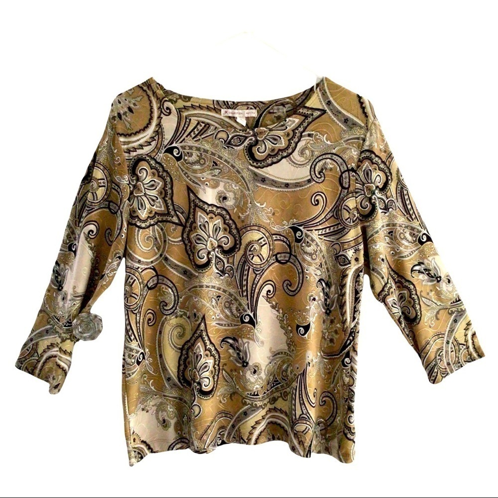 JM Collection-Basic Warm Neutral Colored Paisley 3/4 Sleeve Blouse/Top Petite PL